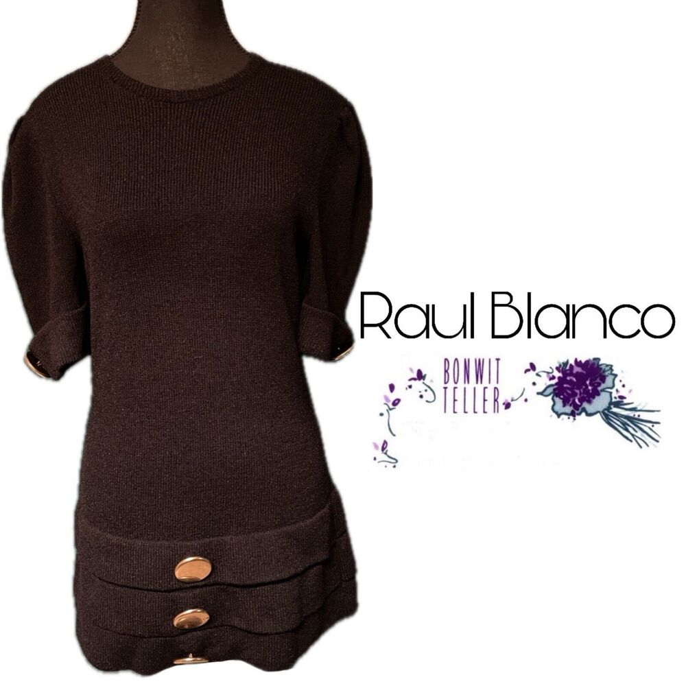 Vintage 80s Raul Blanco Bonwit Teller Hand Loomed Gold Button Blk Sweater Dress